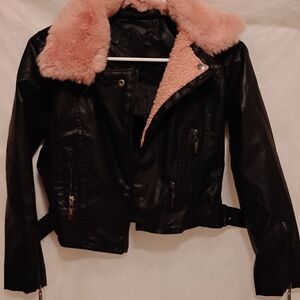 Jou Jou Black Leather Jacket with Soft Pink Collar